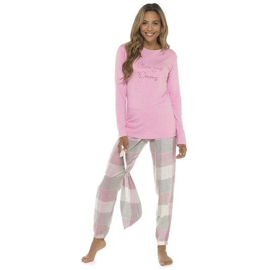 Foxbury Womens 'Follow Your Dreams' Jersey/Check Pyjamas - Pink Foxbury