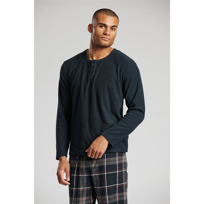 Loungeable Mens Ribbed Fleece/Woven Pyjamas - Navy/Navy Check