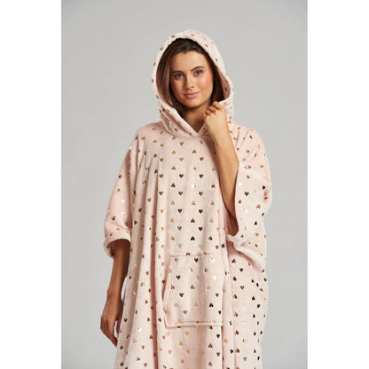 Loungeable Womens Foil Heart Long Luxury Fleece Hooded Poncho - Pink