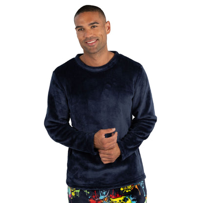 Cargo Bay Mens Crew Neck Fleece Pyjamas - Navy Check Cargo Bay