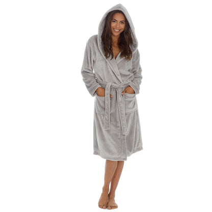 Slumber Party Womens Plain Fleece Hooded Robe - Grey