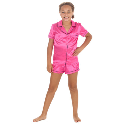 Slumber Party Girls Satin Pyjama Top and Shorts - Pink/Navy