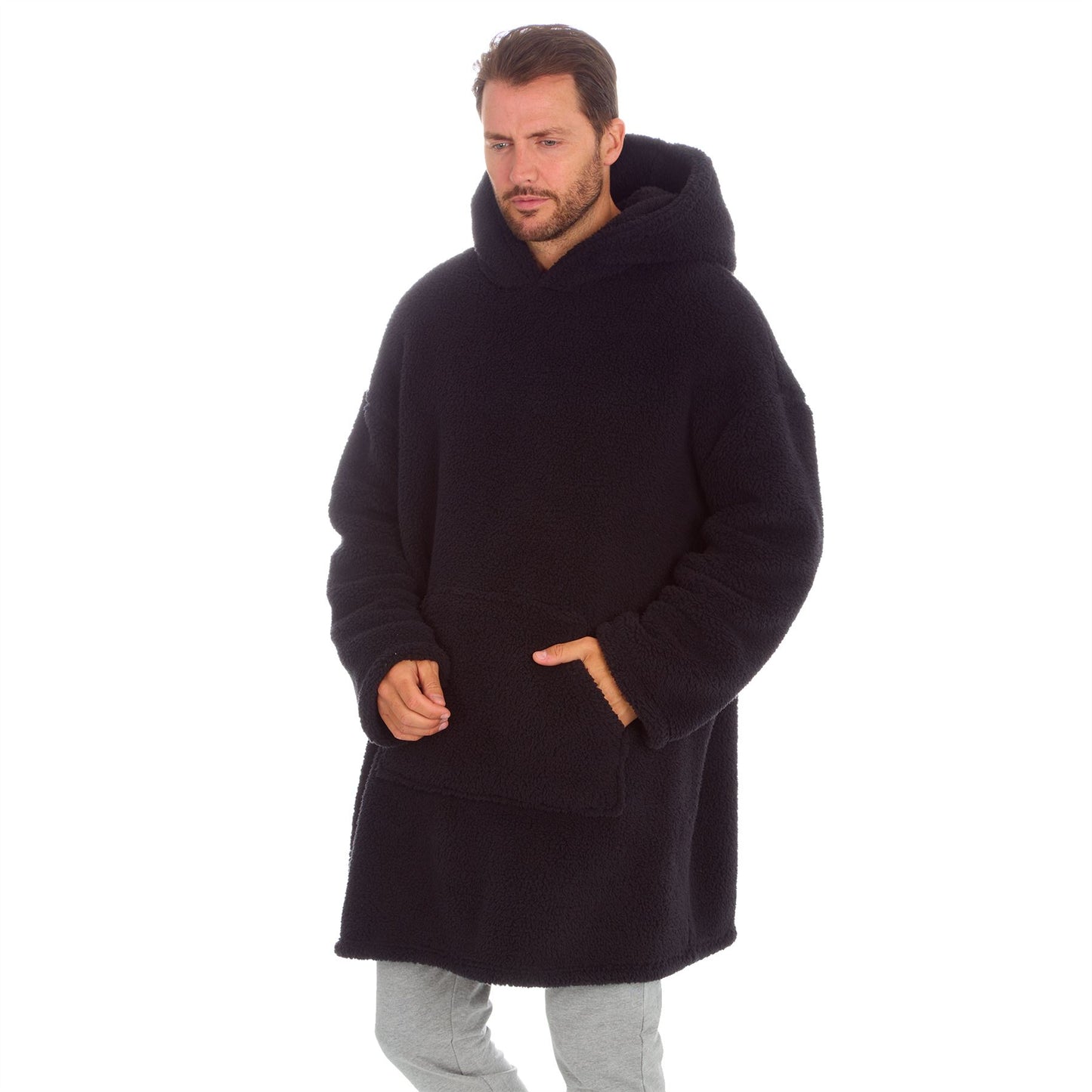 Huggable Hoodie Mens Borg Fleece Oversized Hoodie - Black