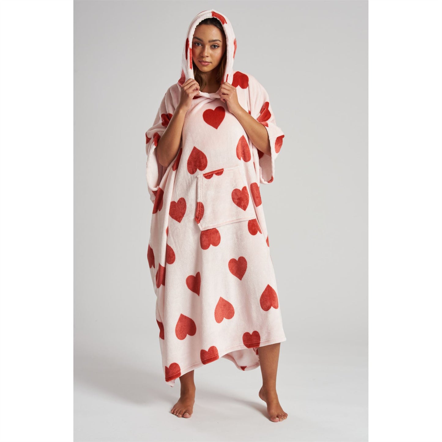 Loungeable Womens Heart Long Luxury Fleece Hooded Poncho - Pink
