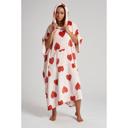 Loungeable Womens Heart Long Luxury Fleece Hooded Poncho - Pink