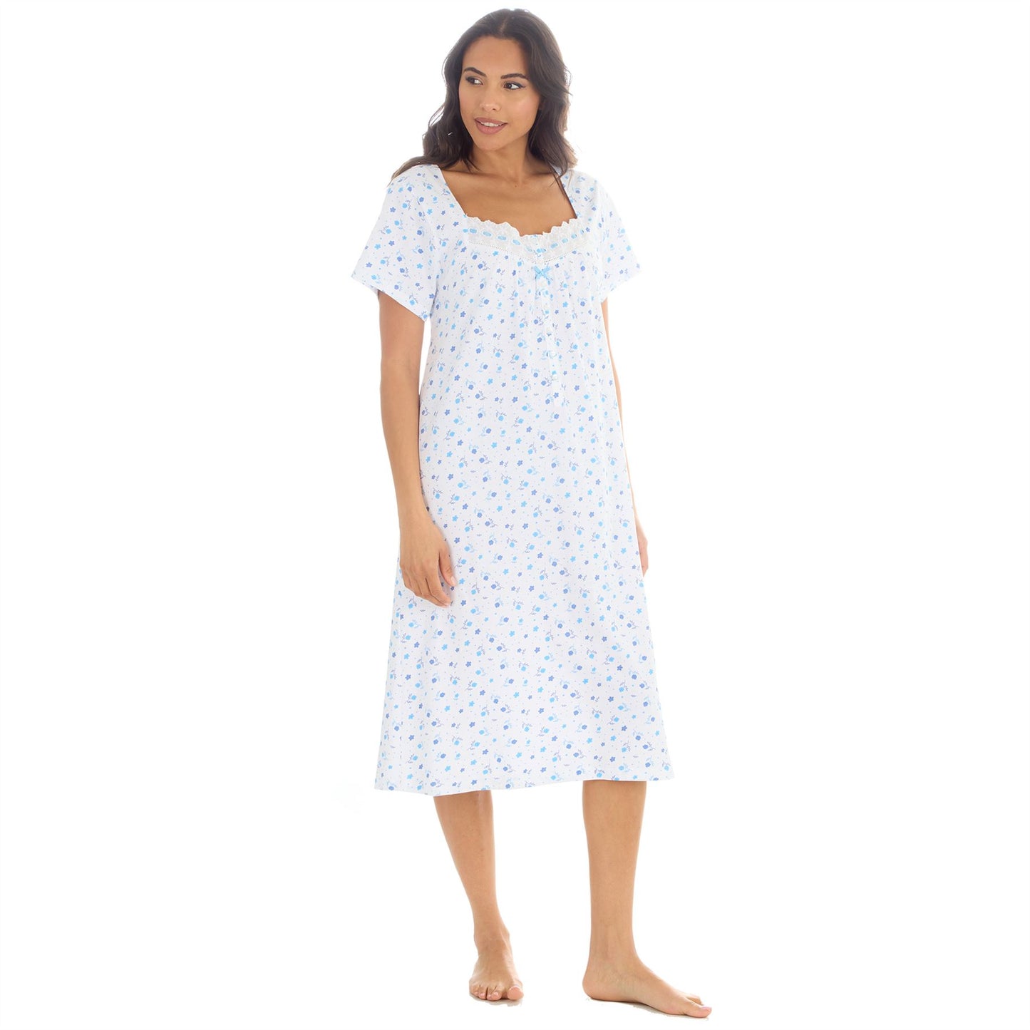 Cottonique Short Sleeve Floral Nightdress - White/Blue
