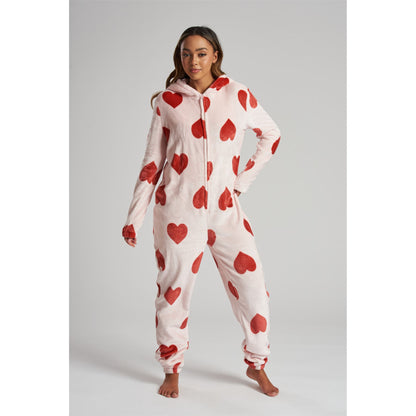 Loungeable Womens Heart Luxury Fleece Onesie - Pink
