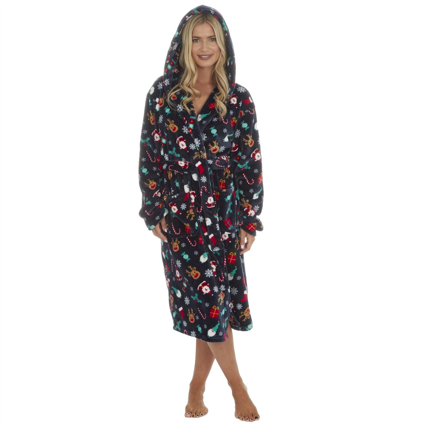 Slumber Party Unisex Christmas Print Flannel Fleece Robe - Navy