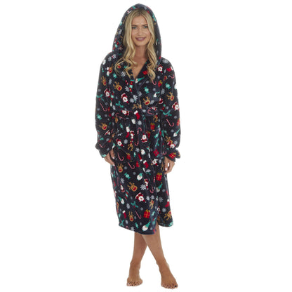 Slumber Party Unisex Christmas Print Flannel Fleece Robe - Navy