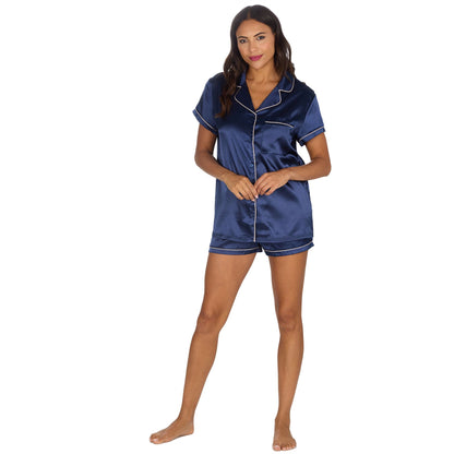 Slumber Party Womens Satin Pyjama Top and Shorts - Navy
