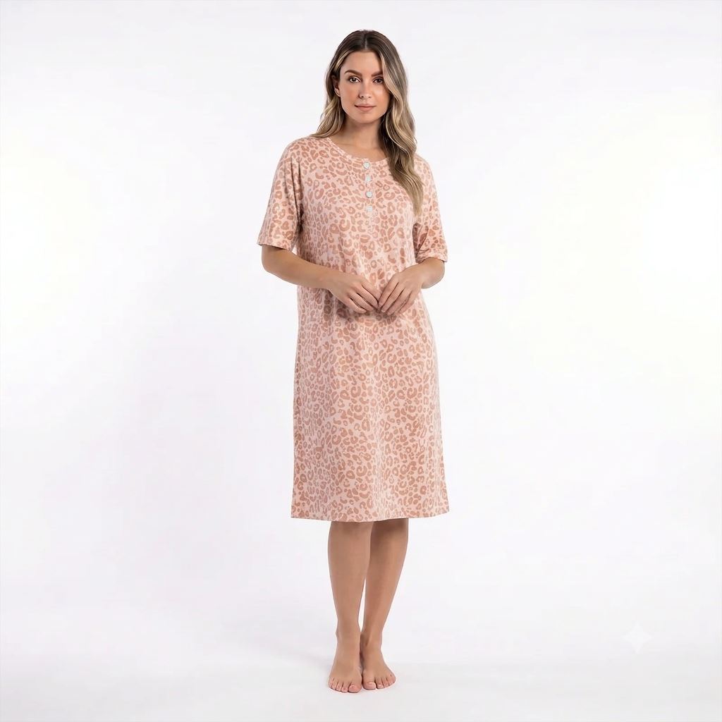 Fine Woman Womens Animal Print Short Sleeve Nightdress - Blush Fine Woman