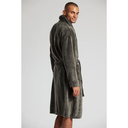 Loungeable Mens Solid Collar Fleece Robe - Charcoal Grey