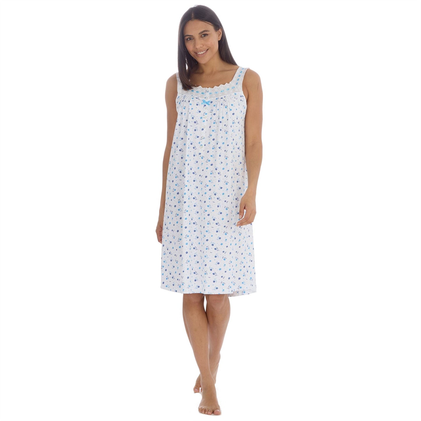 Cottonique Sleeveless Floral Nightdress - White/Blue Cottonique