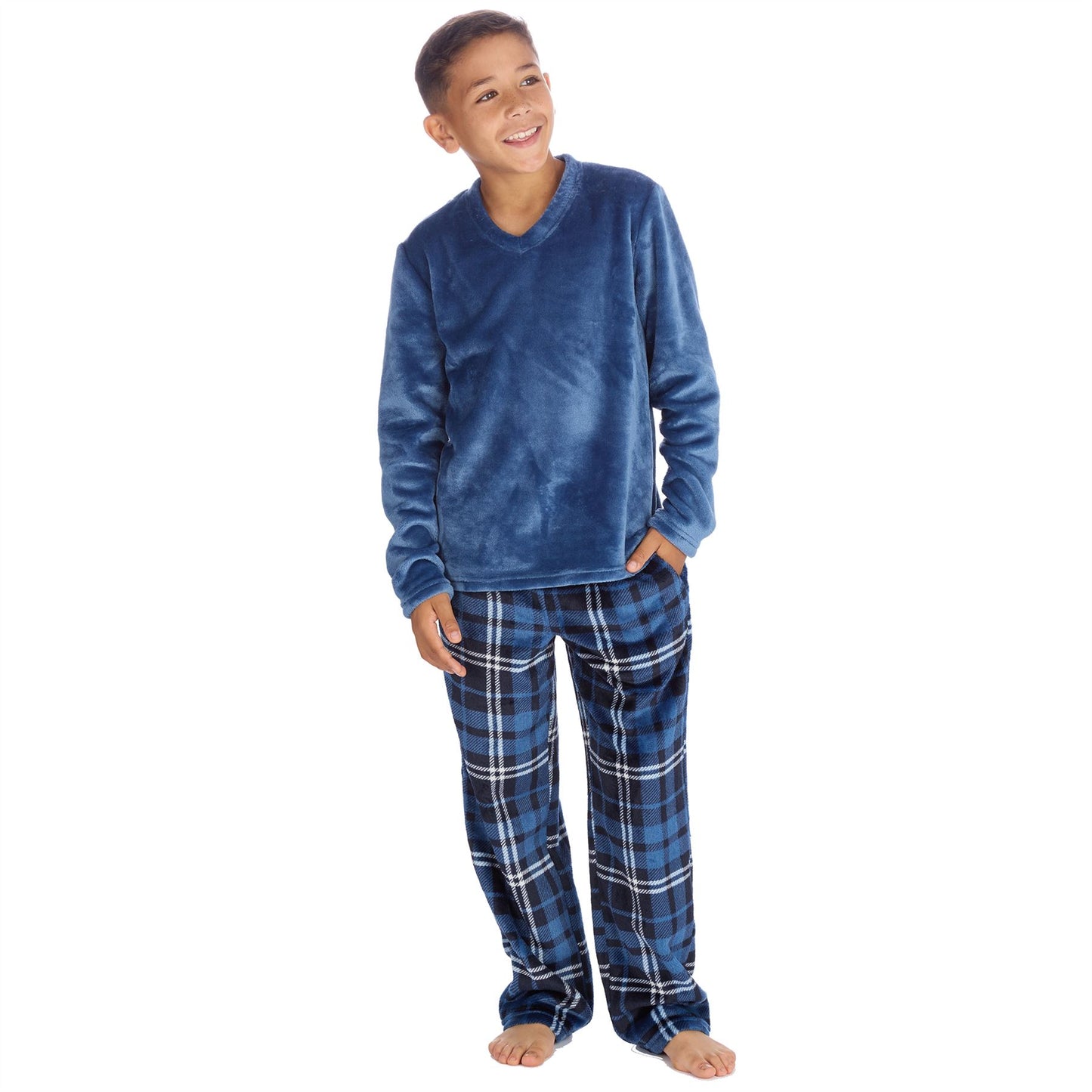 Cargo Bay Kids Fleece Pyjamas - Denim/Denim Check