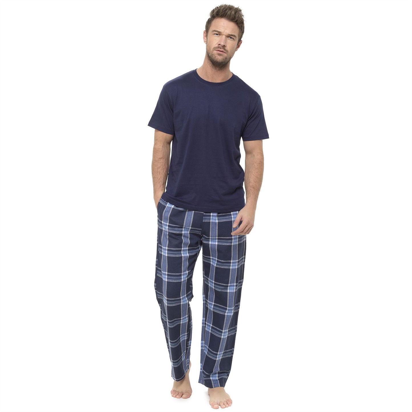Foxbury Mens Short Sleeve T Shirt and Check Bottoms - Navy