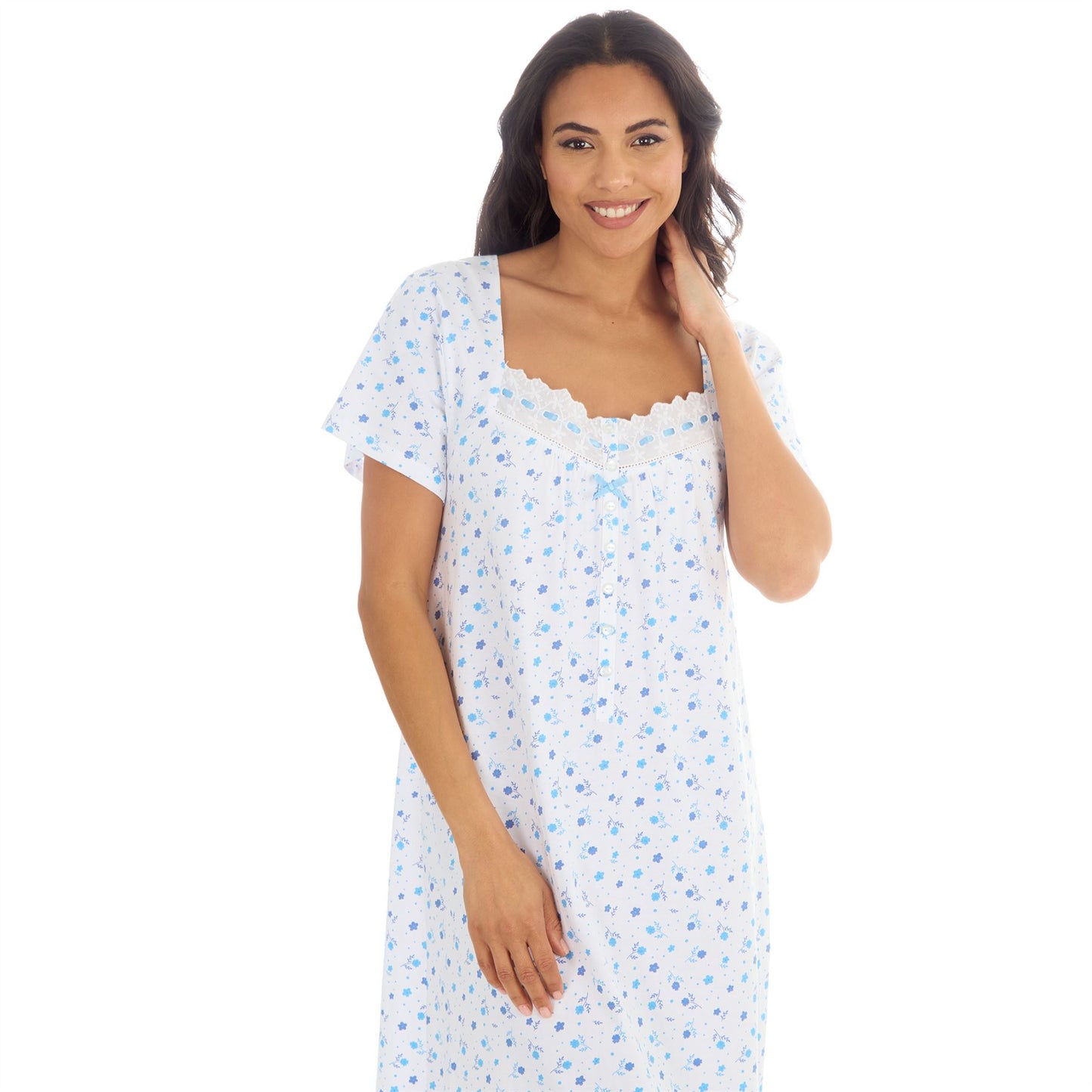 Cottonique Short Sleeve Floral Nightdress - White/Blue