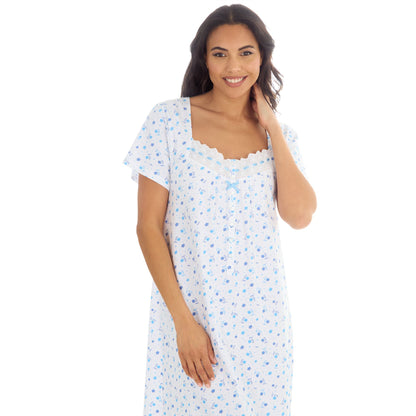 Cottonique Short Sleeve Floral Nightdress - White/Blue