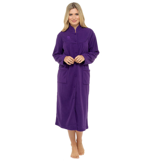 Lady Olga Long Button Through Fleece Robe - Purple
