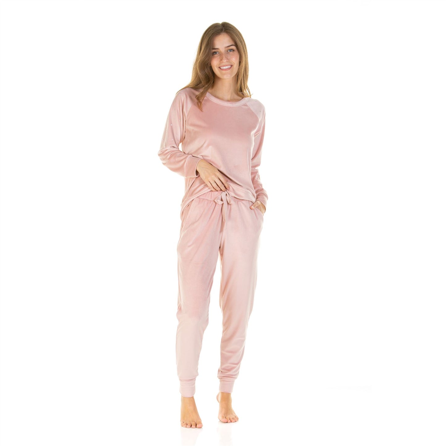 La Marquise Womens Velour Lounge Diamond Shoulder Pyjamas - Pink