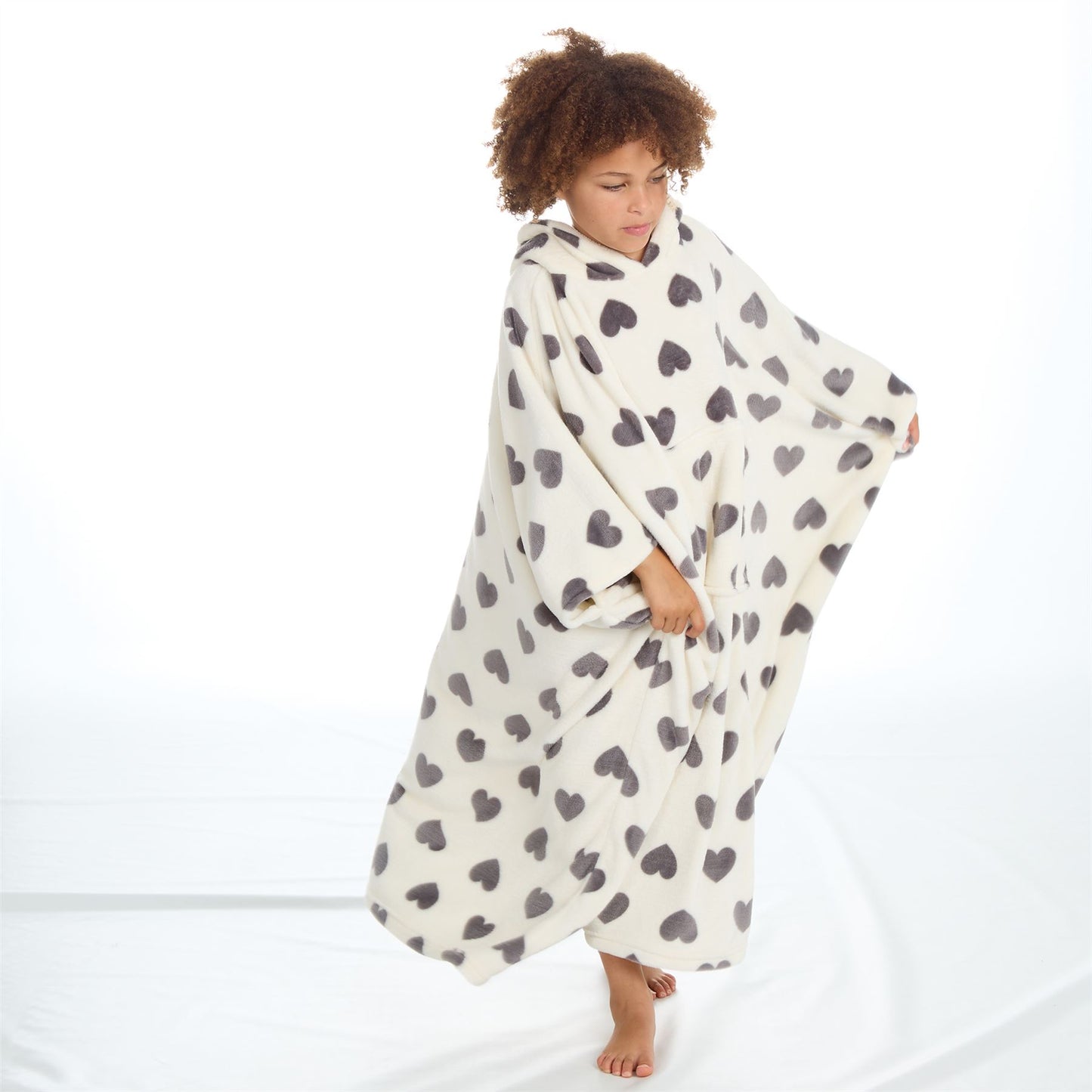 Huggable Hoodie Kids Fleece Oversized Poncho - Cream/Grey Hearts