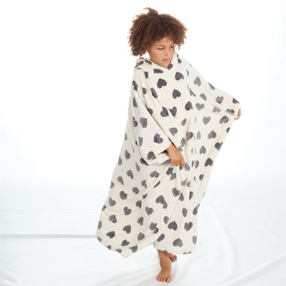 Huggable Hoodie Kids Fleece Oversized Poncho - Cream/Grey Hearts