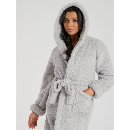 Loungeable Chunky Sherpa Hooded Midi Robe - Grey