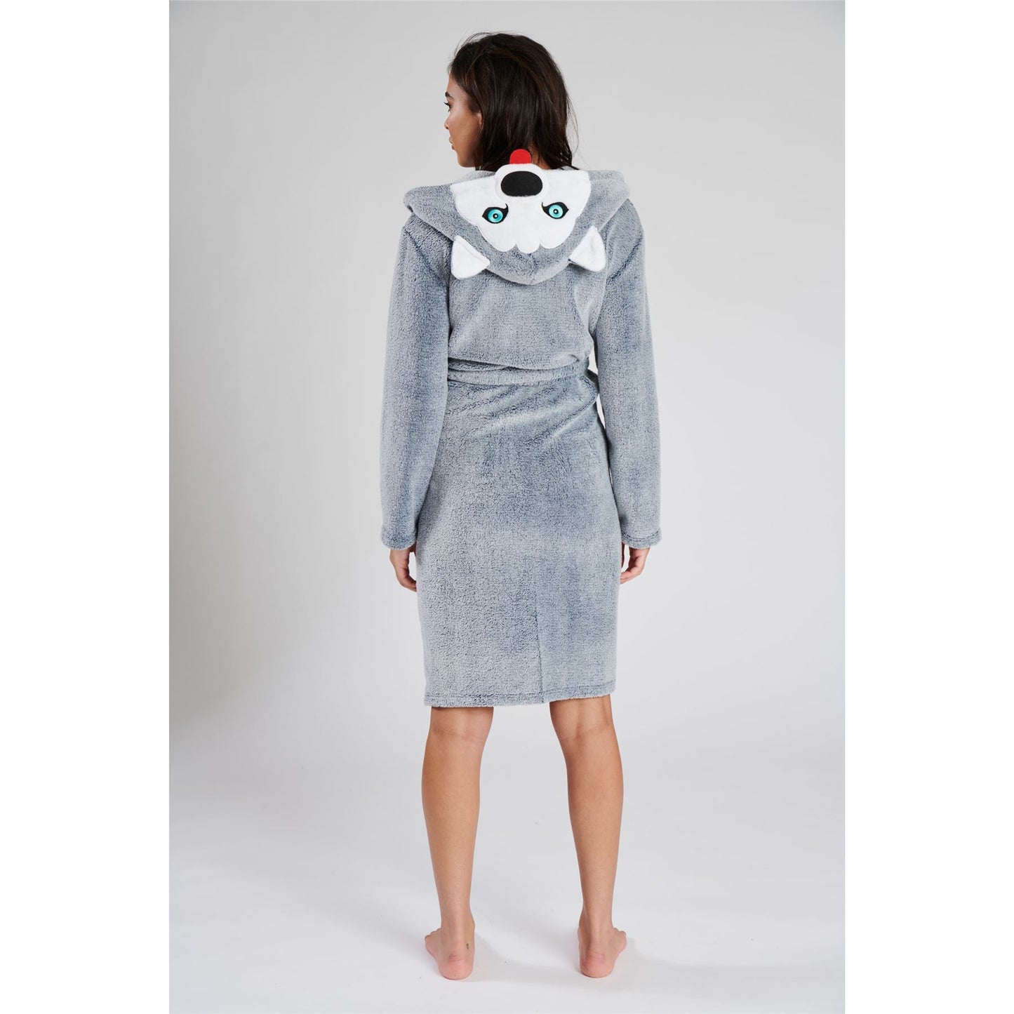Loungeable Womens Husky Dog Fleece Hooded Robe - Blue/Grey