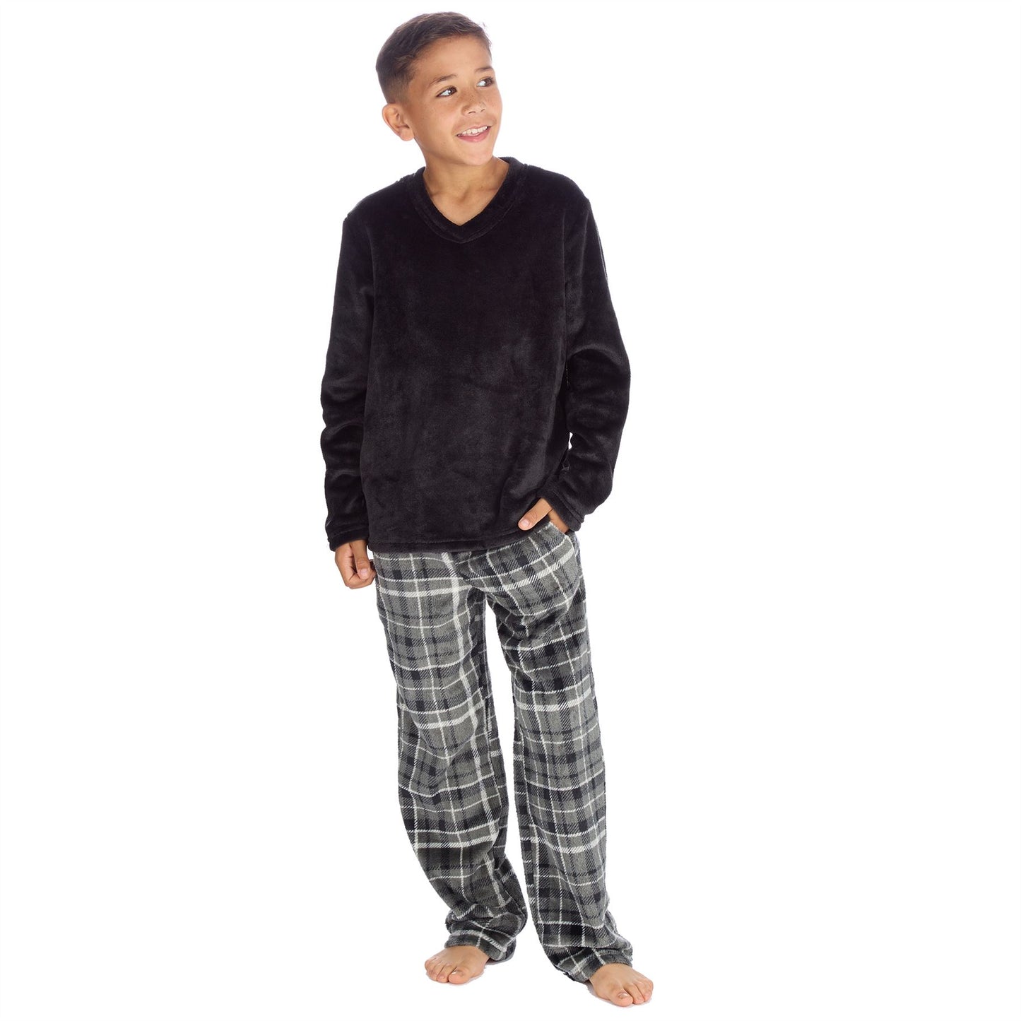 Cargo Bay Kids Fleece Pyjamas - Black/Grey Check