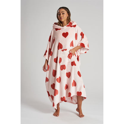 Loungeable Womens Heart Long Luxury Fleece Hooded Poncho - Pink
