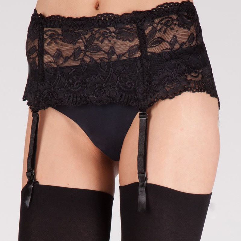Silky Wide Lace Suspender Belt - Black
