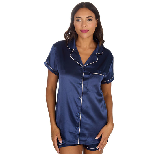 Slumber Party Womens Satin Pyjama Top and Shorts - Navy