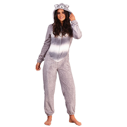 Loungeable Womens Racoon Fleece Onesie - Grey/White