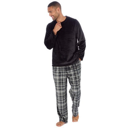 Cargo Bay Mens Fleece Check Pyjamas - Black/Grey Check