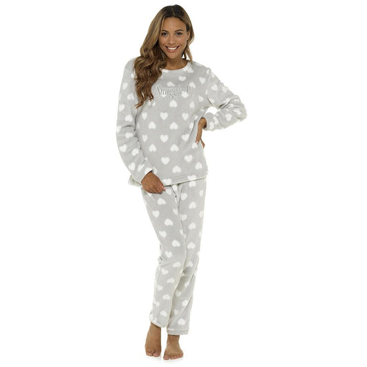 Foxbury Womens 'Snuggle Up' Heart Print Fleece Pyjamas - Grey