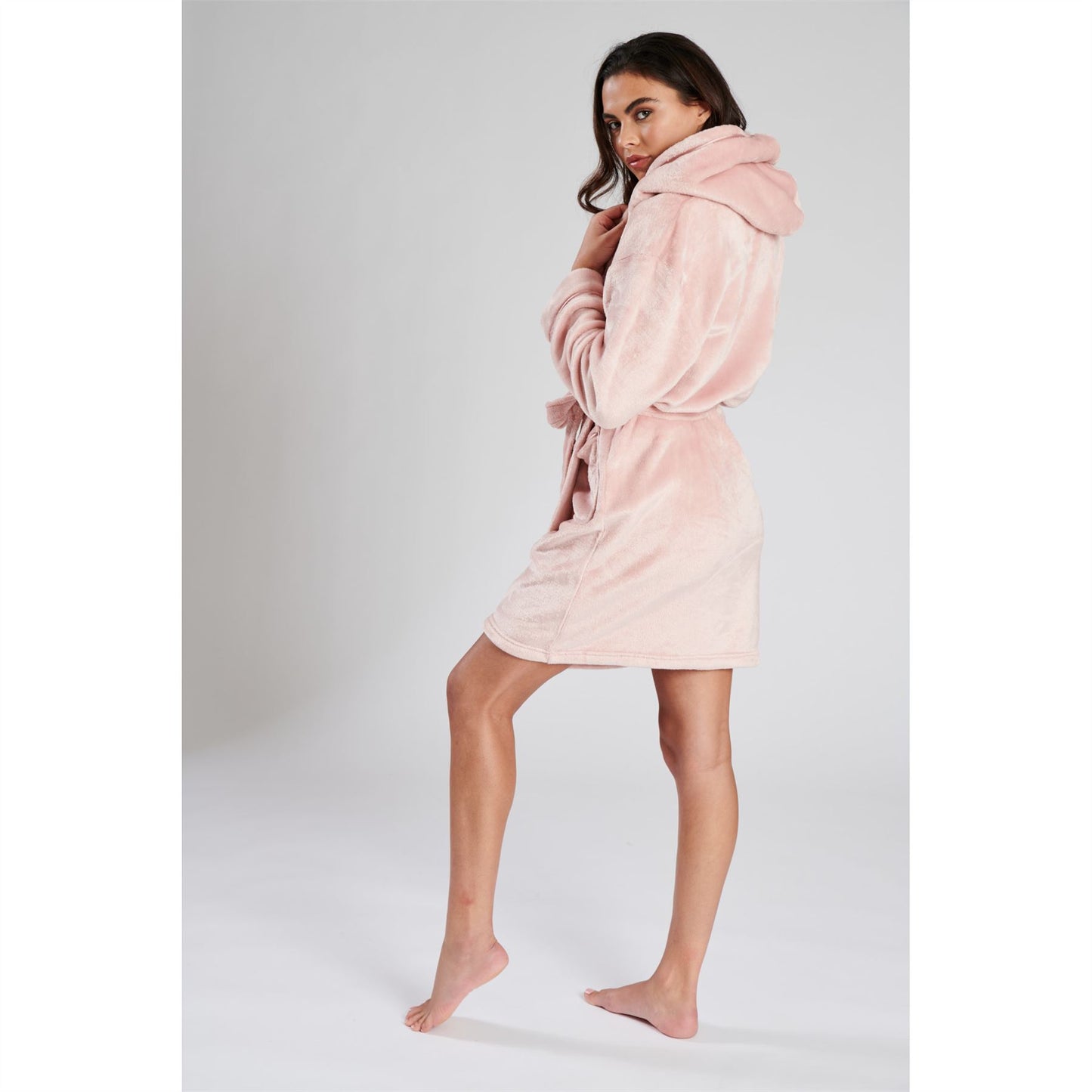Loungeable Womens Satin Trim Fleece Hooded Robe - Dusky Pink