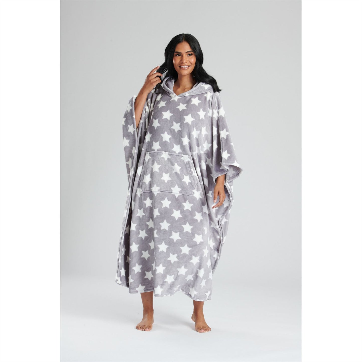 Loungeable Womens Star Long Luxury Fleece Hooded Poncho - Grey