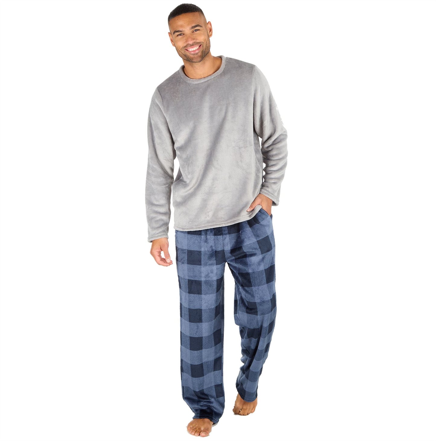 Cargo Bay Mens Fleece Pyjamas - Grey/Navy Check