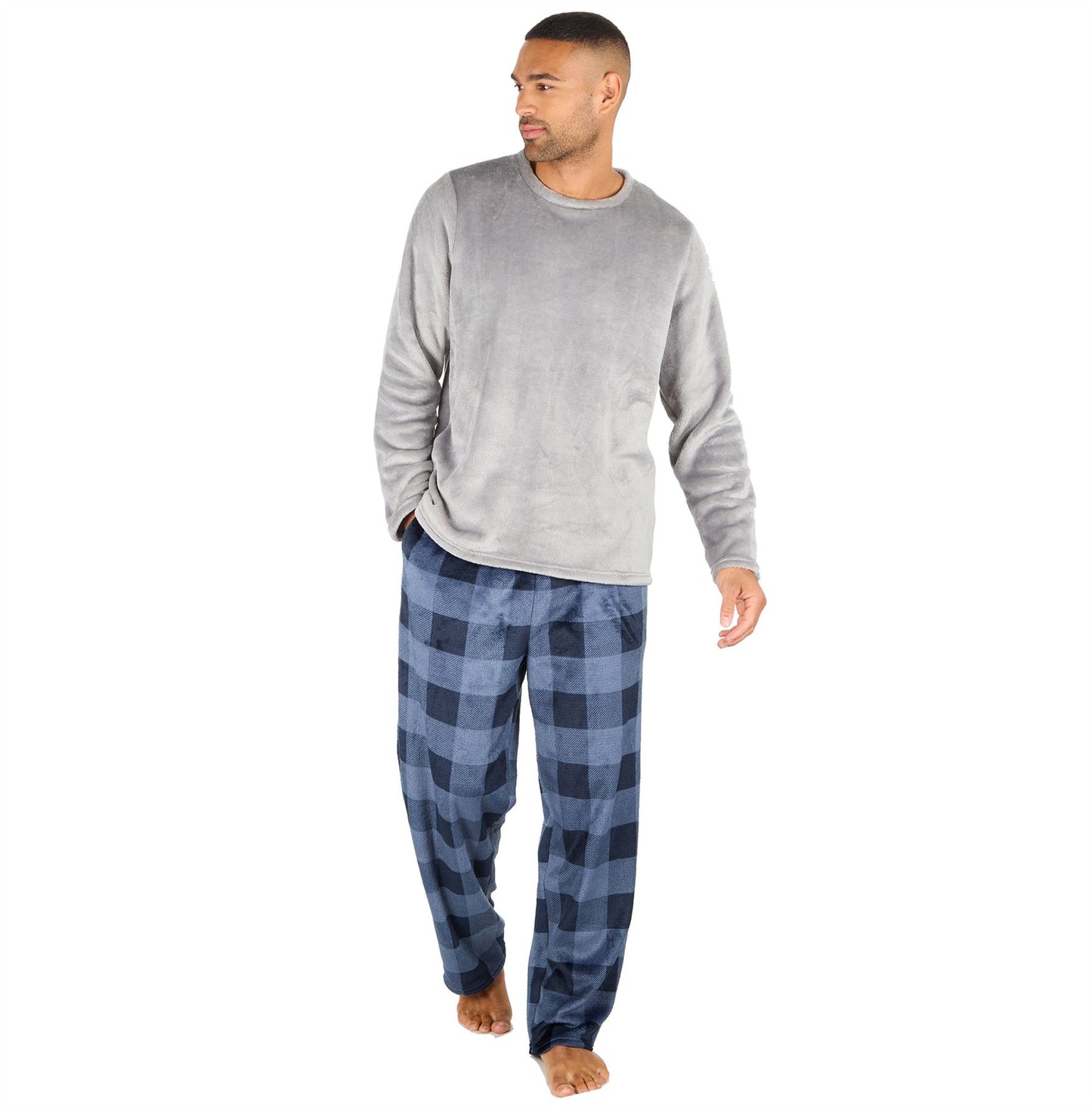 Cargo Bay Mens Fleece Pyjamas - Grey/Navy Check