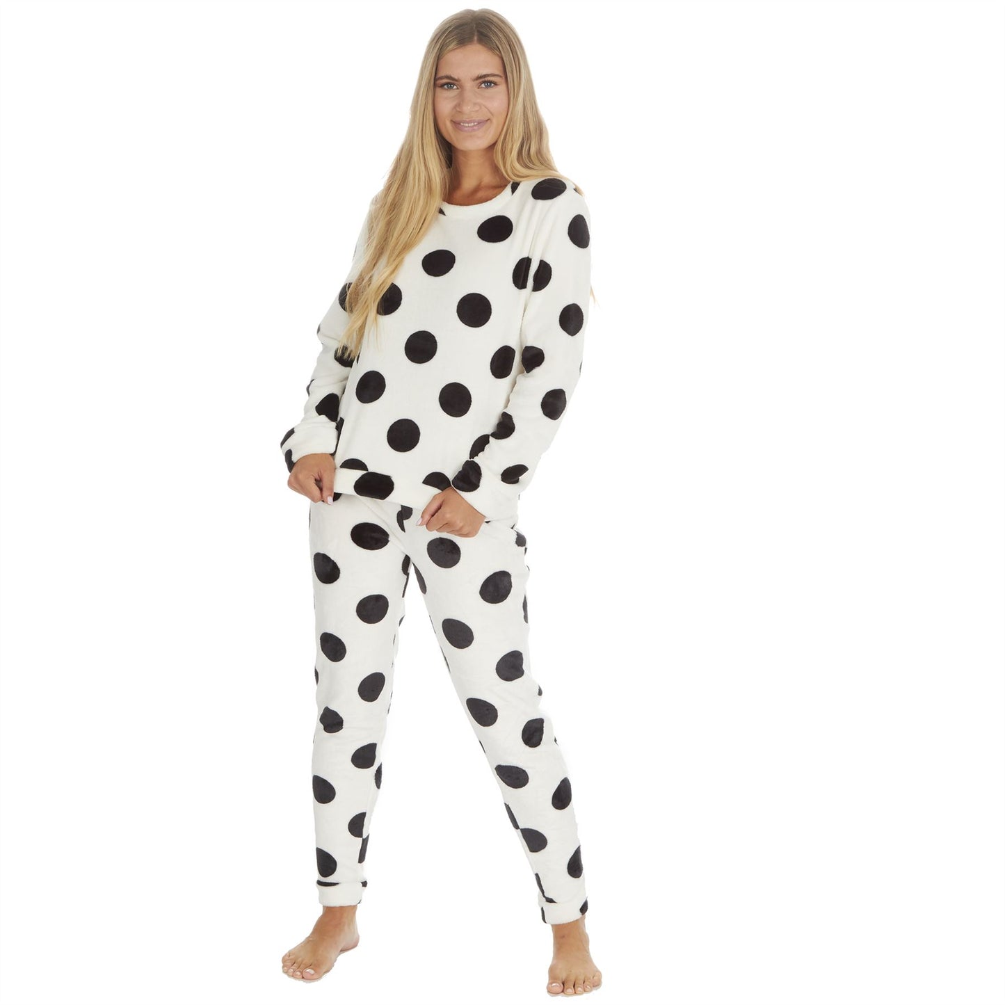 Forever Dreaming Womens Spot Print Flannel Fleece Pyjama Set - Cream/Black
