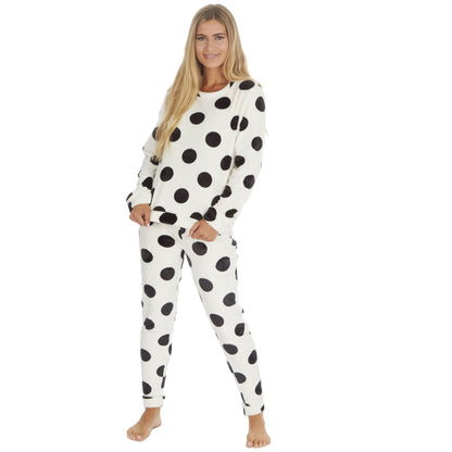 Forever Dreaming Womens Spot Print Flannel Fleece Pyjama Set - Cream/Black