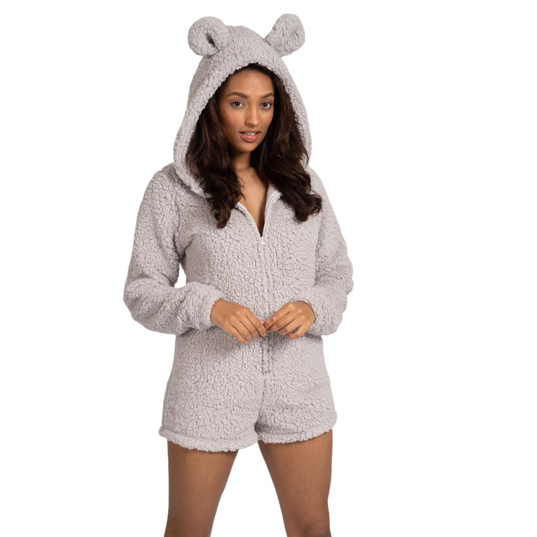 Loungeable Womens Teddy Sherpa Fleece Romper Onesie - Silver