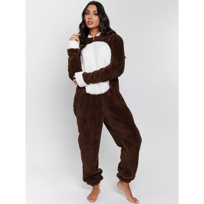 Loungeable Womens Reindeer Fleece Onesie - Brown/White