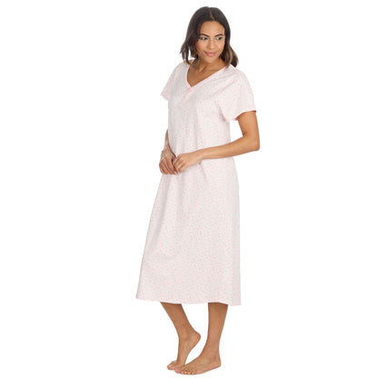 Cottonique Short Sleeve Pastel Spot Longline Nightdress - Pink