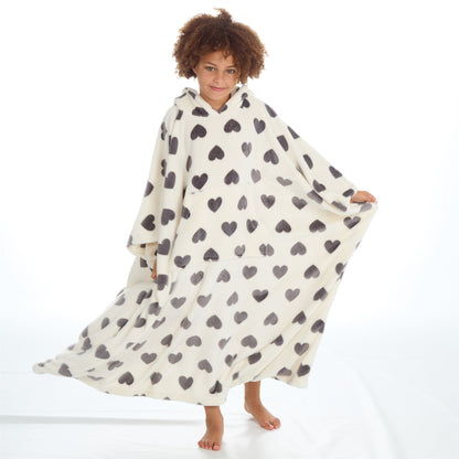 Huggable Hoodie Kids Fleece Oversized Poncho - Cream/Grey Hearts