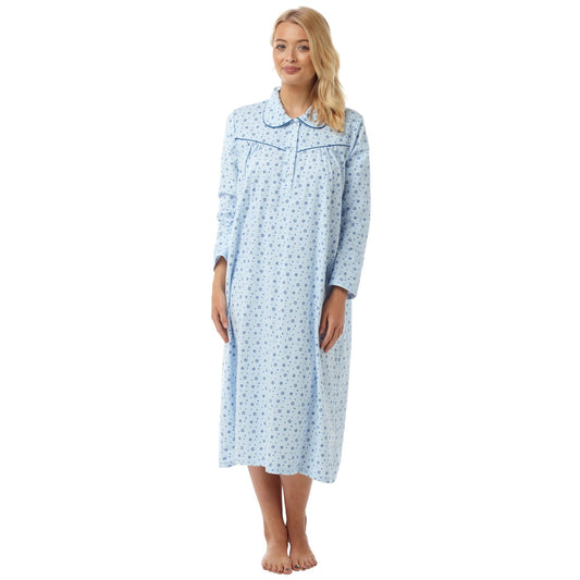 Lady Olga Brushed Cotton Winceyette Nightdress - Blue
