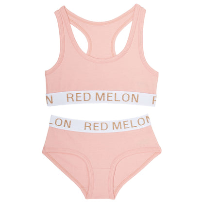 Red Melon Girls Crop Top Bra And Brief Set - Peachy Coral