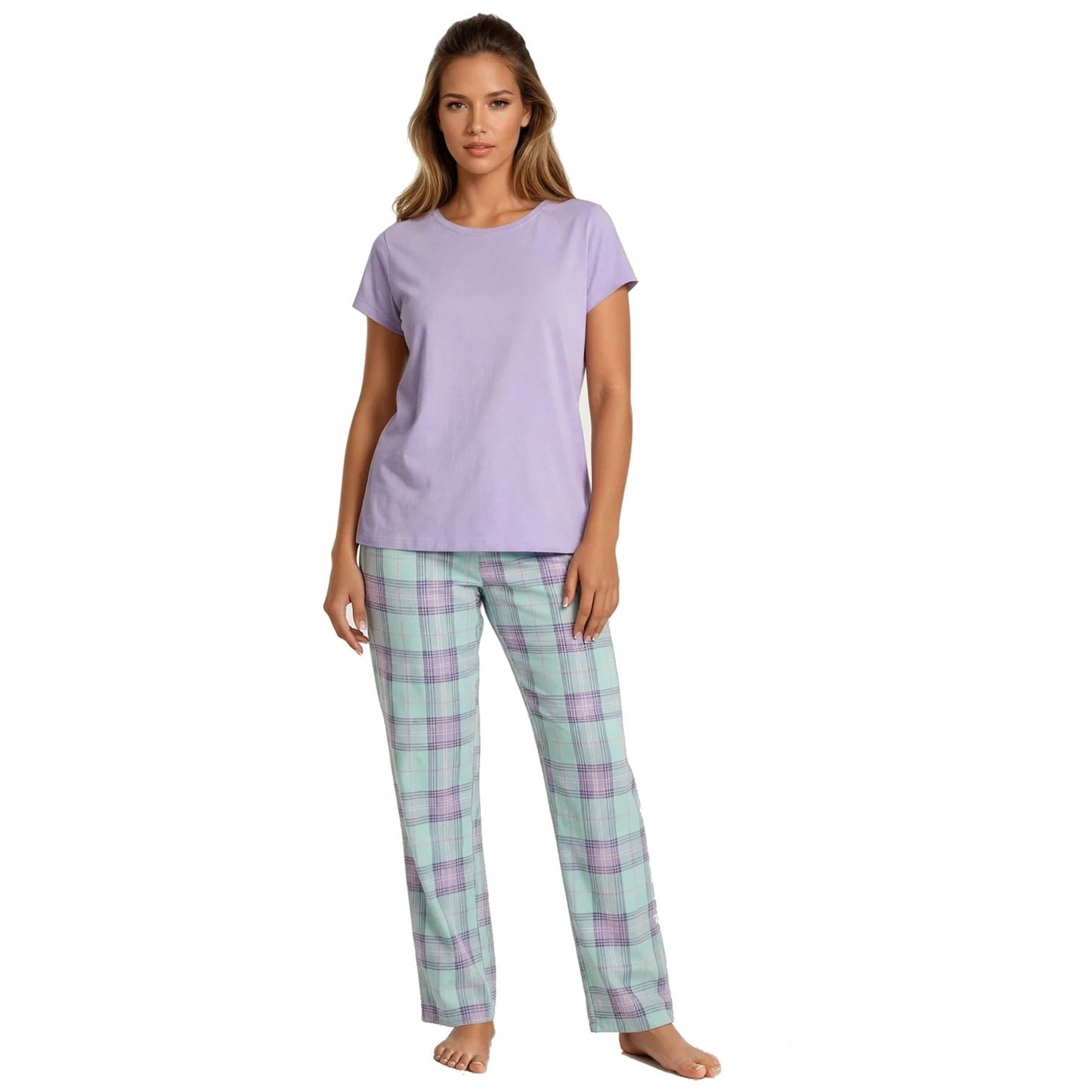 Forever Dreaming Womens T Shirt and Check Pants Pyjamas - Lilac Forever Dreaming