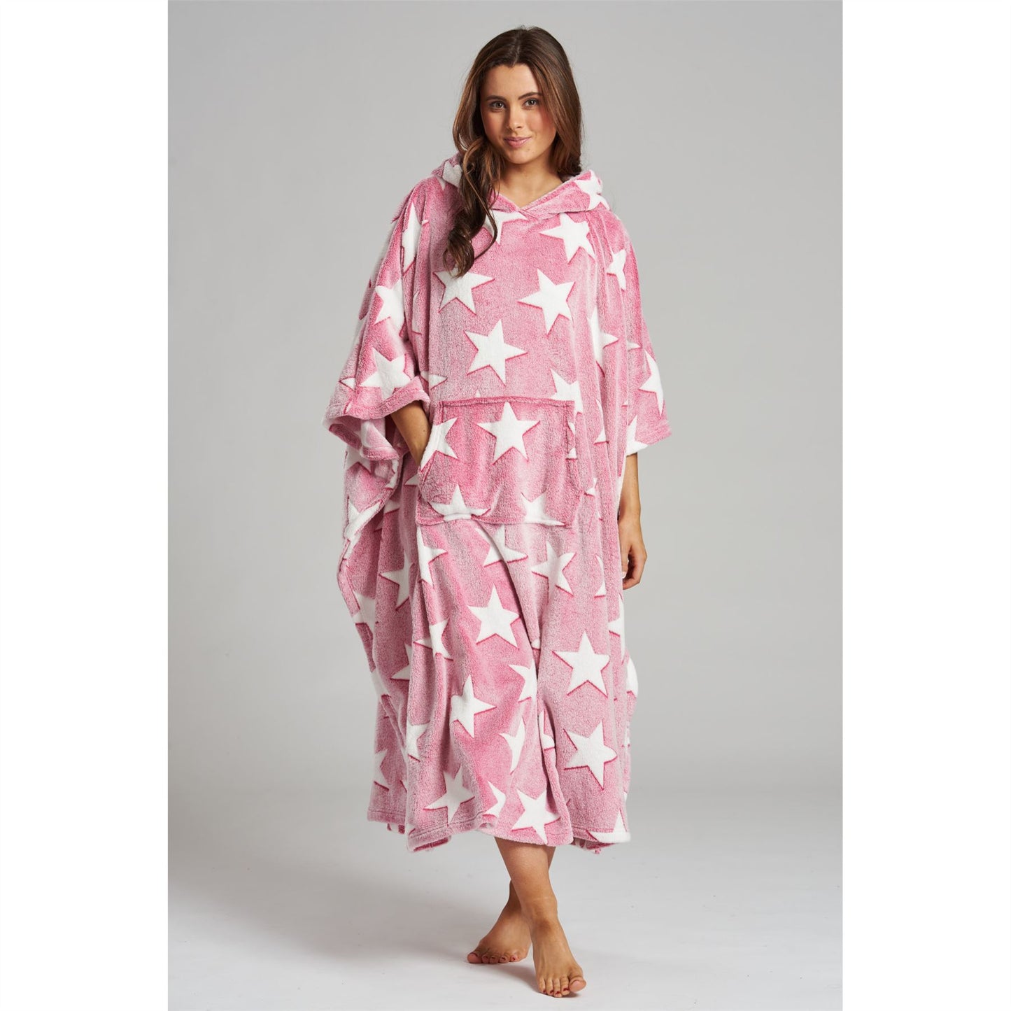 Loungeable Womens Star Long Luxury Fleece Hooded Poncho - Pink
