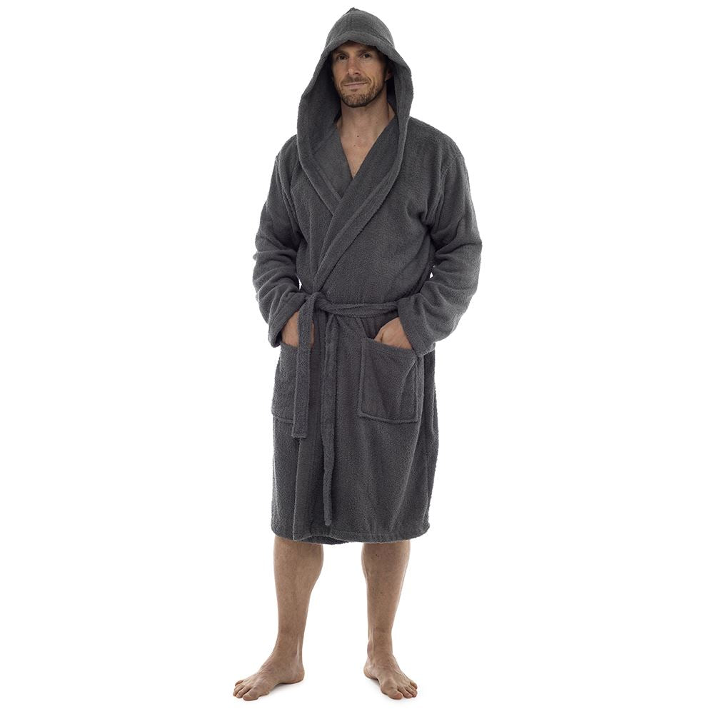 Tom Franks Mens Cotton Hooded Towelling Robe - Grey
