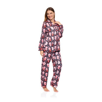 La Marquise Womens Jersey Knit Button Through Hot Chocolate Pyjamas - Black